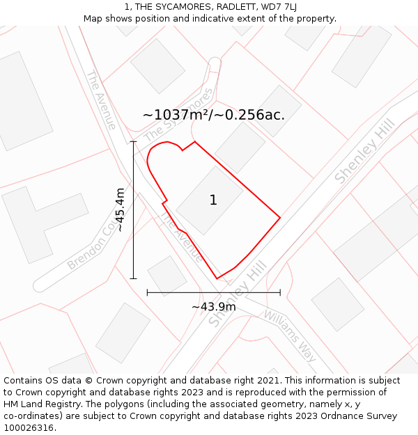 1, THE SYCAMORES, RADLETT, WD7 7LJ: Plot and title map