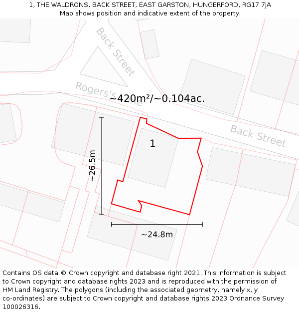 1, THE WALDRONS, BACK STREET, EAST GARSTON, HUNGERFORD, RG17 7JA: Plot and title map