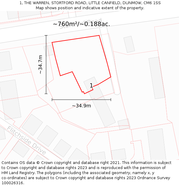 1, THE WARREN, STORTFORD ROAD, LITTLE CANFIELD, DUNMOW, CM6 1SS: Plot and title map