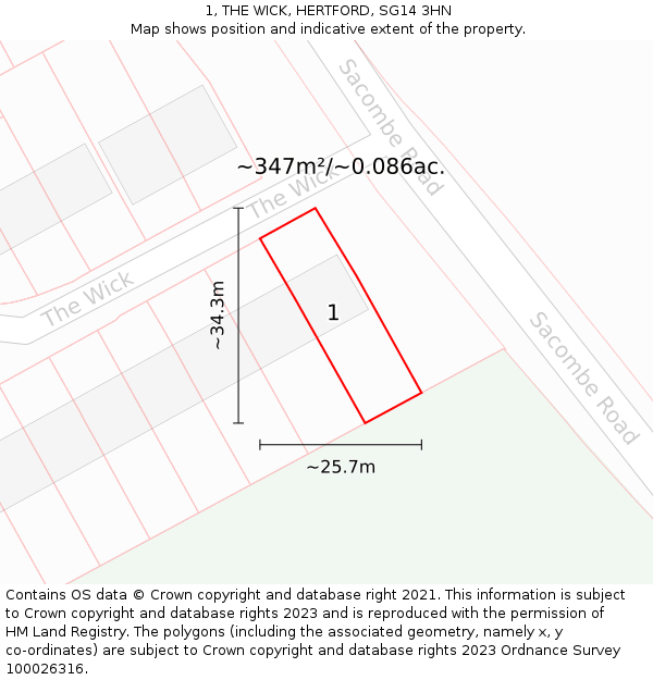 1, THE WICK, HERTFORD, SG14 3HN: Plot and title map