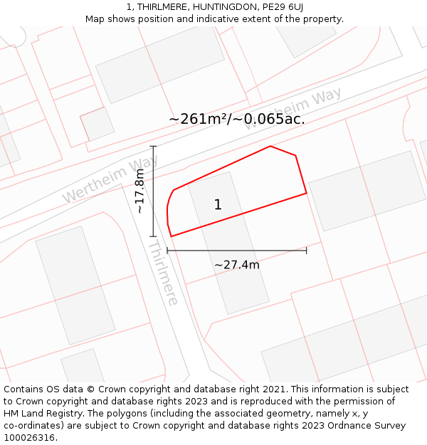 1, THIRLMERE, HUNTINGDON, PE29 6UJ: Plot and title map