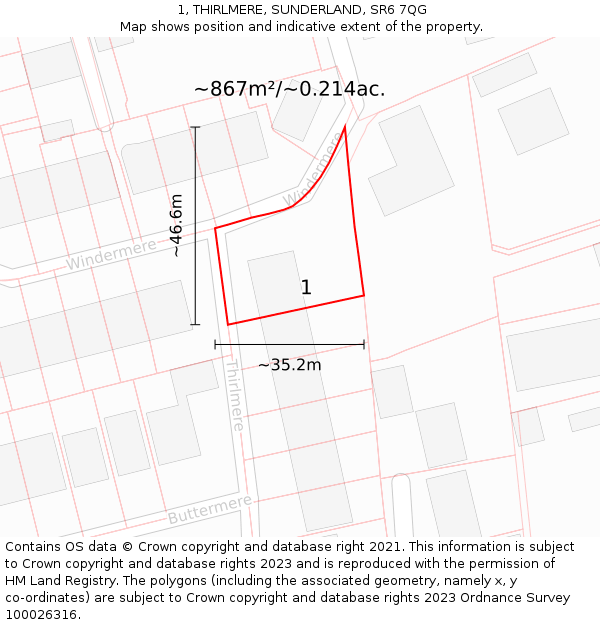 1, THIRLMERE, SUNDERLAND, SR6 7QG: Plot and title map