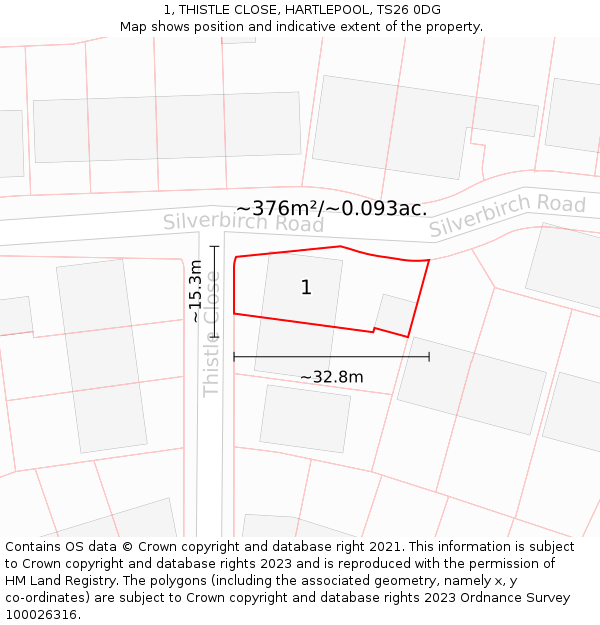 1, THISTLE CLOSE, HARTLEPOOL, TS26 0DG: Plot and title map