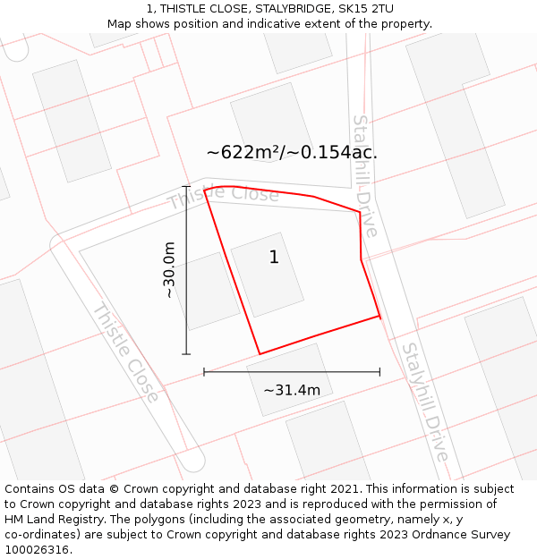 1, THISTLE CLOSE, STALYBRIDGE, SK15 2TU: Plot and title map