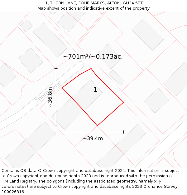 1, THORN LANE, FOUR MARKS, ALTON, GU34 5BT: Plot and title map