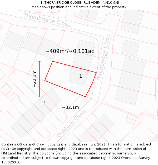 1, THORNBRIDGE CLOSE, RUSHDEN, NN10 9NJ: Plot and title map