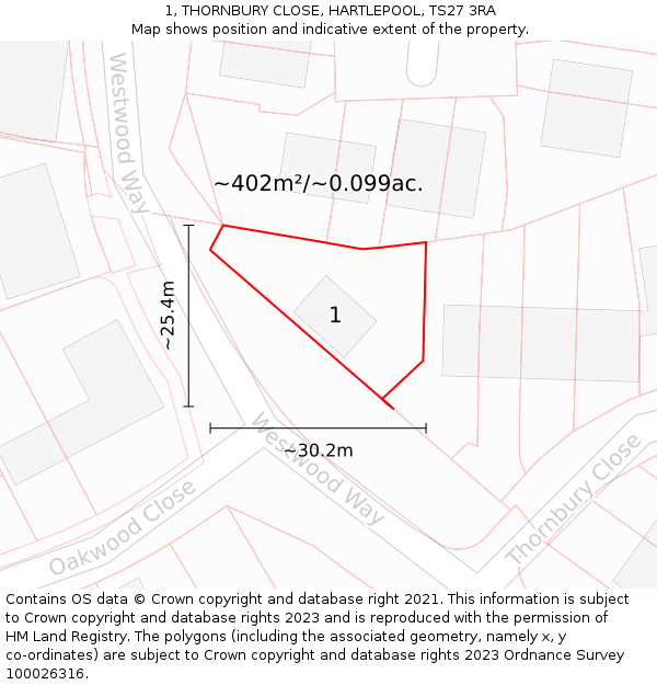 1, THORNBURY CLOSE, HARTLEPOOL, TS27 3RA: Plot and title map