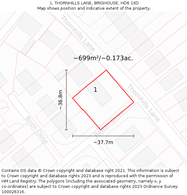 1, THORNHILLS LANE, BRIGHOUSE, HD6 1XD: Plot and title map