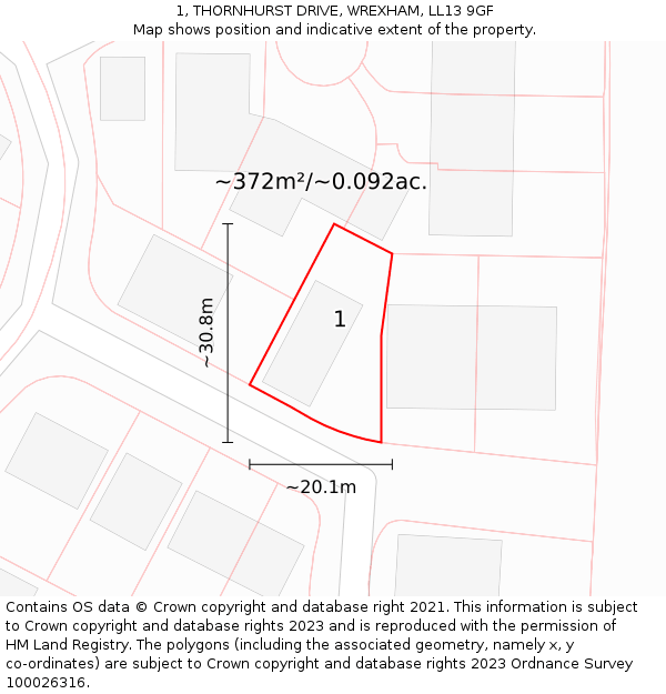 1, THORNHURST DRIVE, WREXHAM, LL13 9GF: Plot and title map