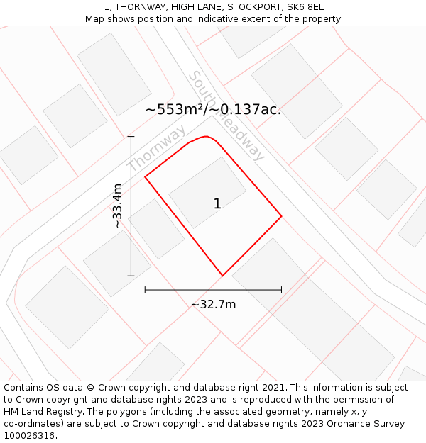 1, THORNWAY, HIGH LANE, STOCKPORT, SK6 8EL: Plot and title map