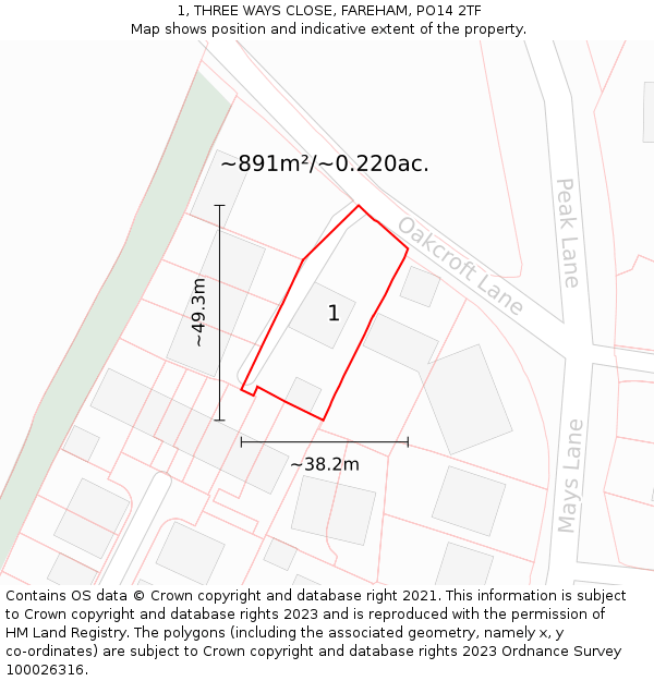 1, THREE WAYS CLOSE, FAREHAM, PO14 2TF: Plot and title map