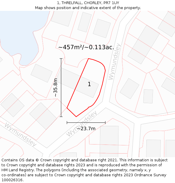 1, THRELFALL, CHORLEY, PR7 1UY: Plot and title map