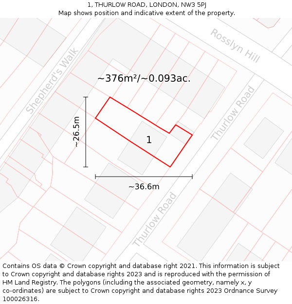 1, THURLOW ROAD, LONDON, NW3 5PJ: Plot and title map