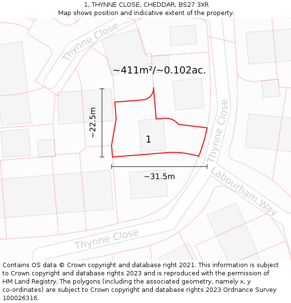 1, THYNNE CLOSE, CHEDDAR, BS27 3XR: Plot and title map