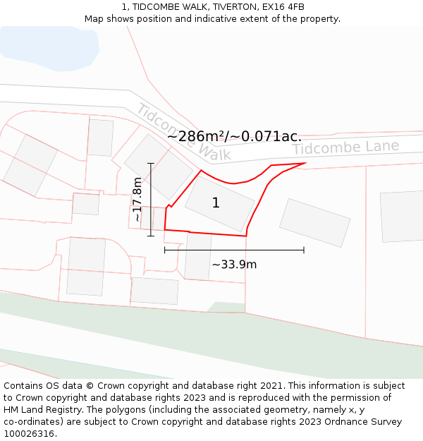 1, TIDCOMBE WALK, TIVERTON, EX16 4FB: Plot and title map