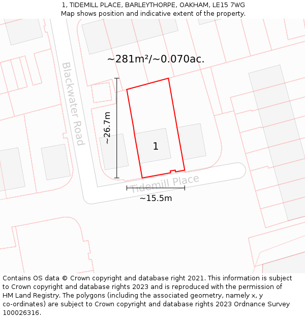 1, TIDEMILL PLACE, BARLEYTHORPE, OAKHAM, LE15 7WG: Plot and title map