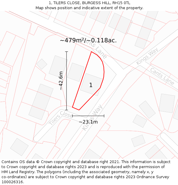 1, TILERS CLOSE, BURGESS HILL, RH15 0TL: Plot and title map