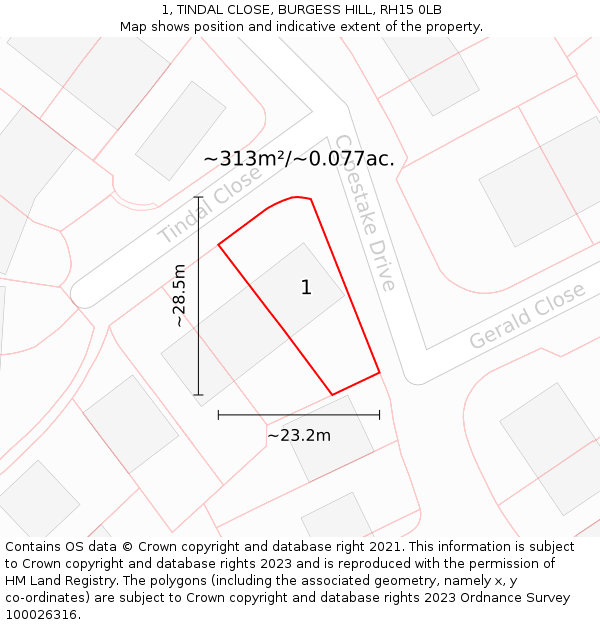 1, TINDAL CLOSE, BURGESS HILL, RH15 0LB: Plot and title map