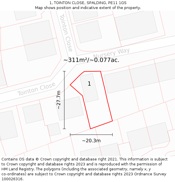 1, TOINTON CLOSE, SPALDING, PE11 1GS: Plot and title map