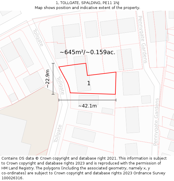 1, TOLLGATE, SPALDING, PE11 1NJ: Plot and title map