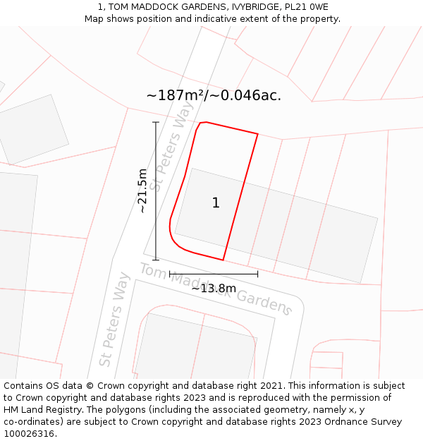 1, TOM MADDOCK GARDENS, IVYBRIDGE, PL21 0WE: Plot and title map