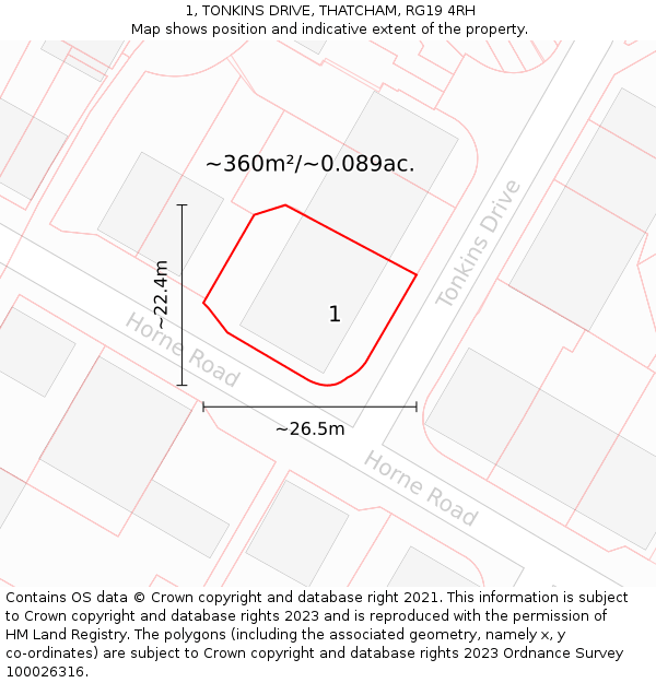 1, TONKINS DRIVE, THATCHAM, RG19 4RH: Plot and title map