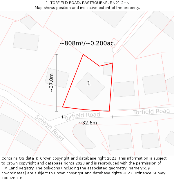 1, TORFIELD ROAD, EASTBOURNE, BN21 2HN: Plot and title map