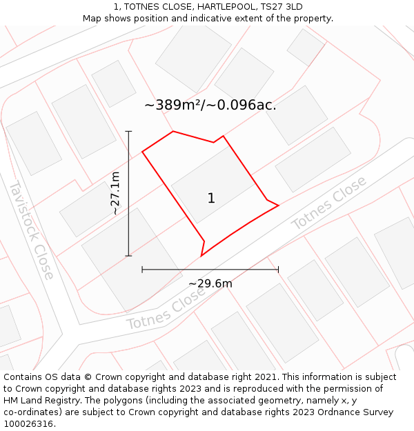 1, TOTNES CLOSE, HARTLEPOOL, TS27 3LD: Plot and title map