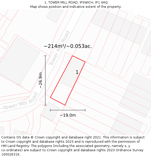 1, TOWER MILL ROAD, IPSWICH, IP1 4AQ: Plot and title map