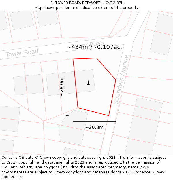 1, TOWER ROAD, BEDWORTH, CV12 8RL: Plot and title map