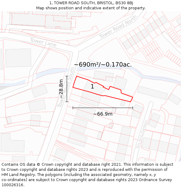 1, TOWER ROAD SOUTH, BRISTOL, BS30 8BJ: Plot and title map