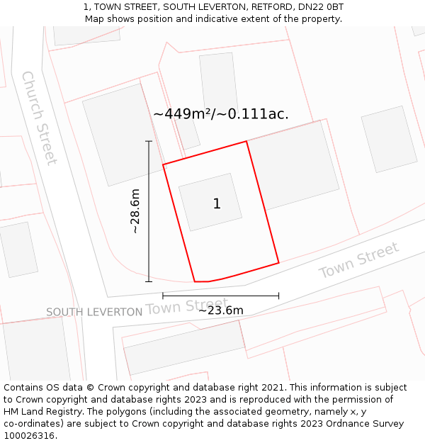 1, TOWN STREET, SOUTH LEVERTON, RETFORD, DN22 0BT: Plot and title map