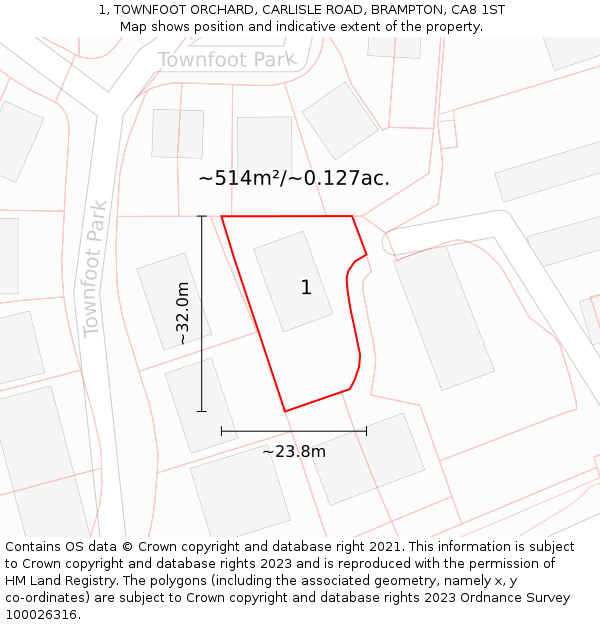 1, TOWNFOOT ORCHARD, CARLISLE ROAD, BRAMPTON, CA8 1ST: Plot and title map