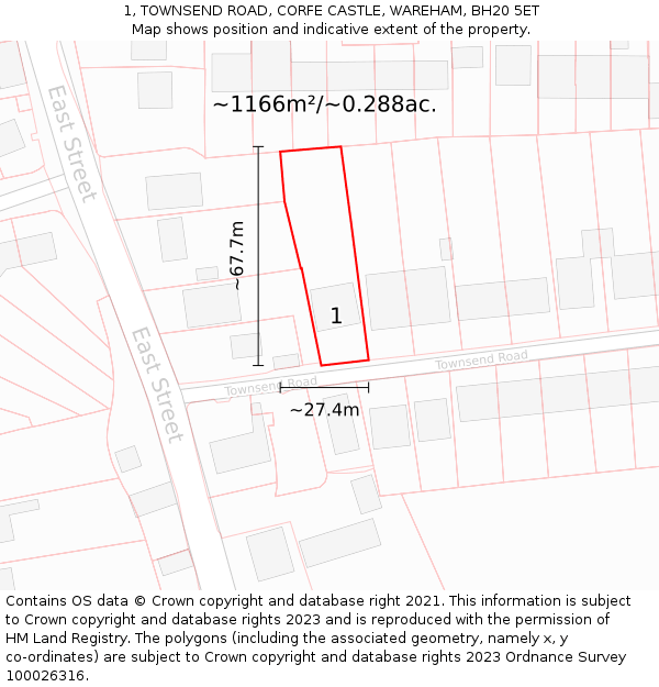 1, TOWNSEND ROAD, CORFE CASTLE, WAREHAM, BH20 5ET: Plot and title map