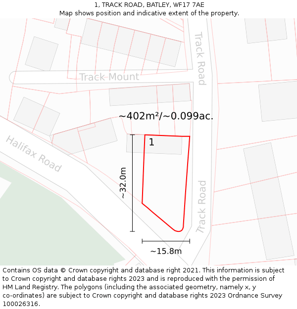 1, TRACK ROAD, BATLEY, WF17 7AE: Plot and title map