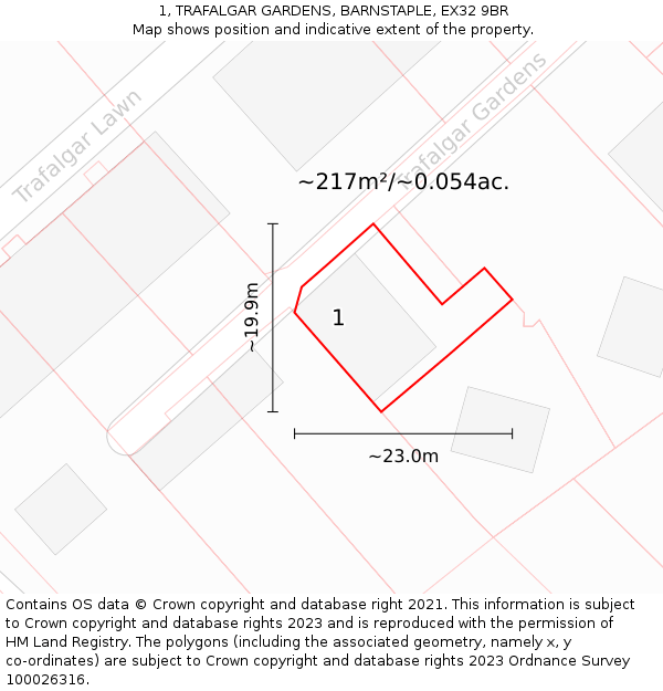 1, TRAFALGAR GARDENS, BARNSTAPLE, EX32 9BR: Plot and title map