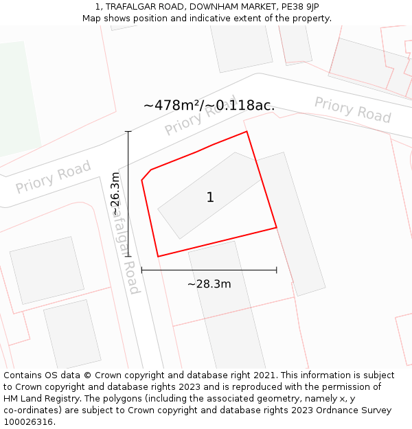 1, TRAFALGAR ROAD, DOWNHAM MARKET, PE38 9JP: Plot and title map