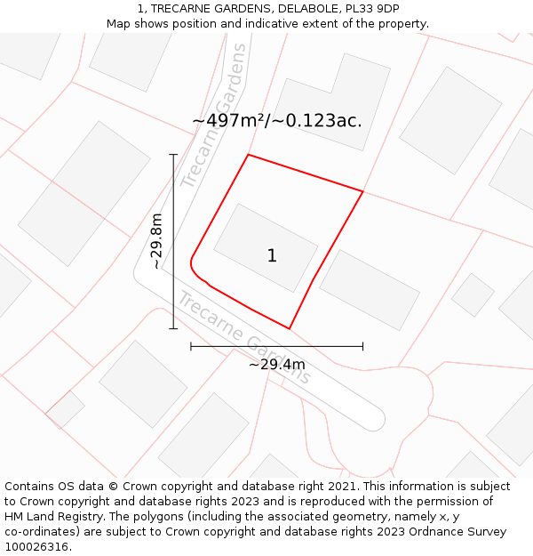 1, TRECARNE GARDENS, DELABOLE, PL33 9DP: Plot and title map