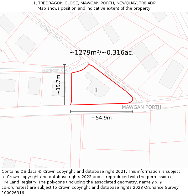 1, TREDRAGON CLOSE, MAWGAN PORTH, NEWQUAY, TR8 4DP: Plot and title map