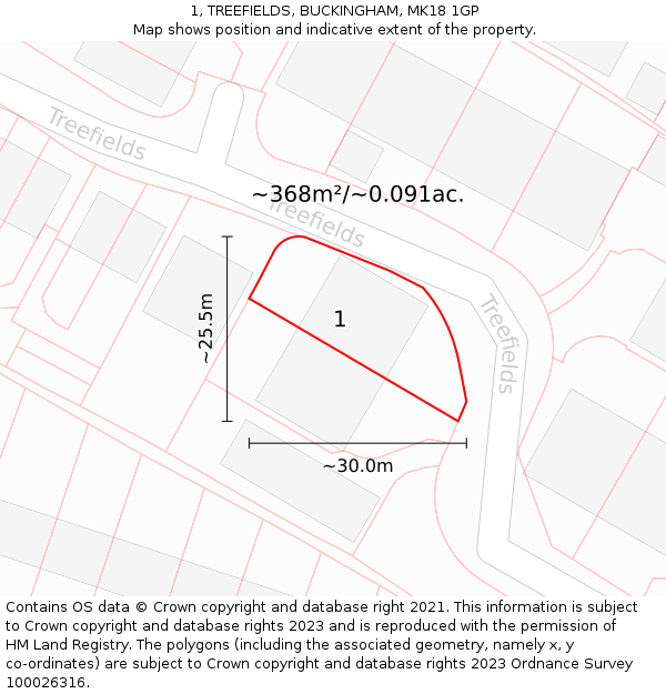 1, TREEFIELDS, BUCKINGHAM, MK18 1GP: Plot and title map