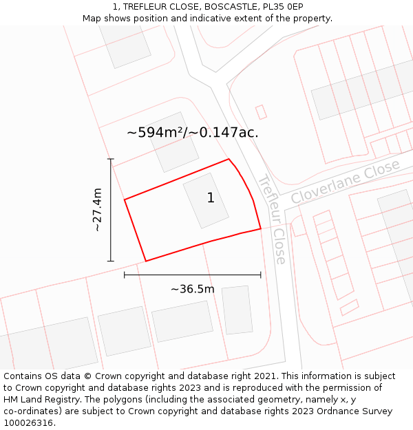 1, TREFLEUR CLOSE, BOSCASTLE, PL35 0EP: Plot and title map