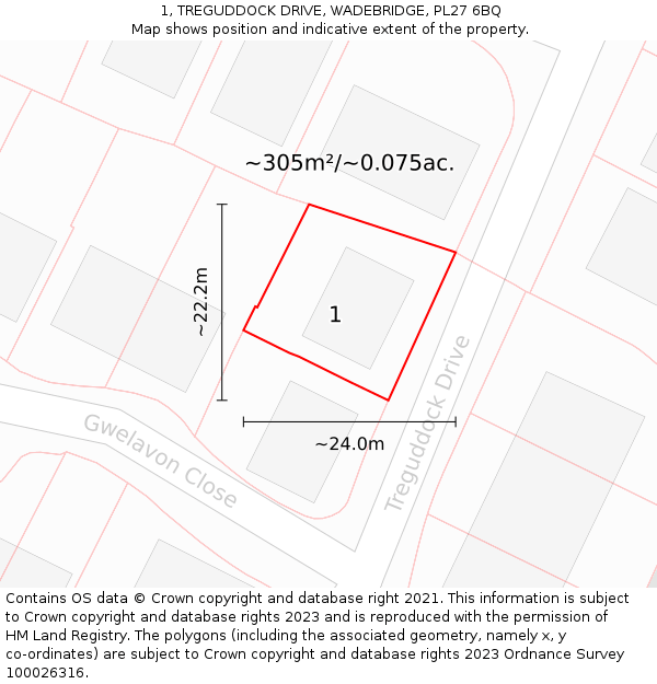 1, TREGUDDOCK DRIVE, WADEBRIDGE, PL27 6BQ: Plot and title map