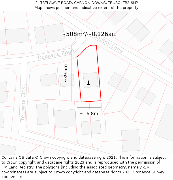 1, TRELAWNE ROAD, CARNON DOWNS, TRURO, TR3 6HP: Plot and title map