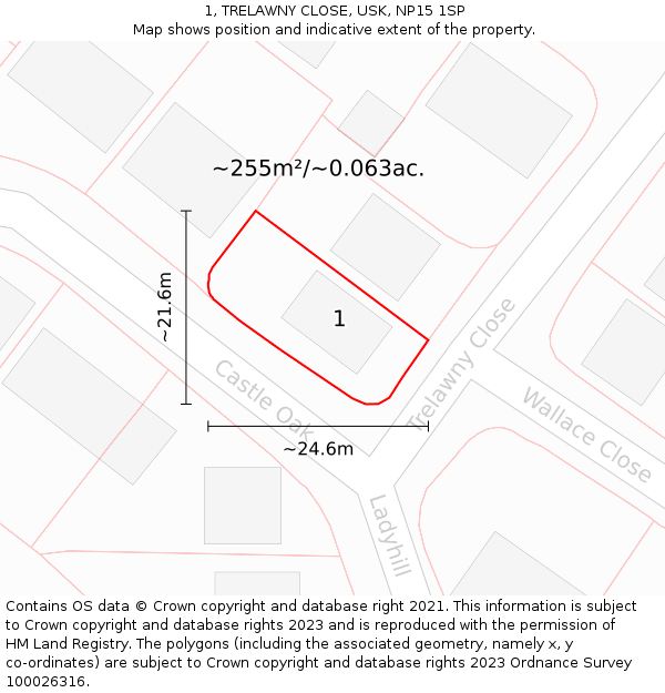 1, TRELAWNY CLOSE, USK, NP15 1SP: Plot and title map