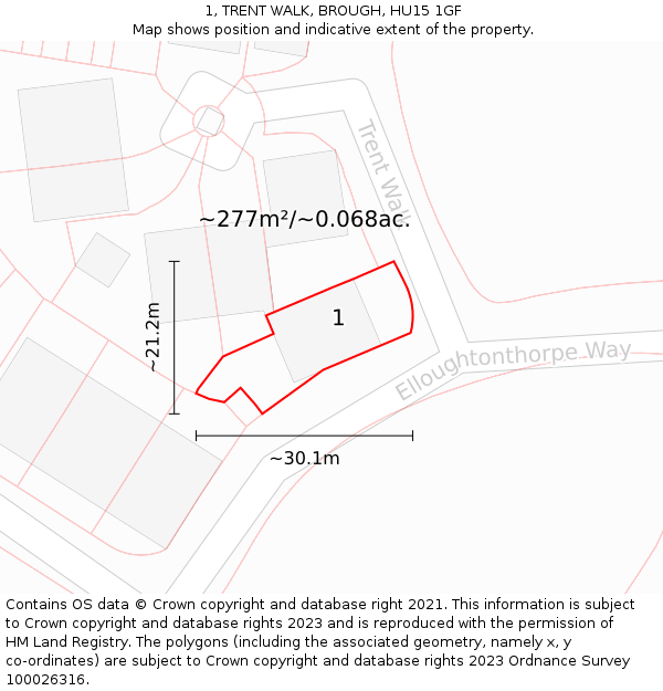 1, TRENT WALK, BROUGH, HU15 1GF: Plot and title map