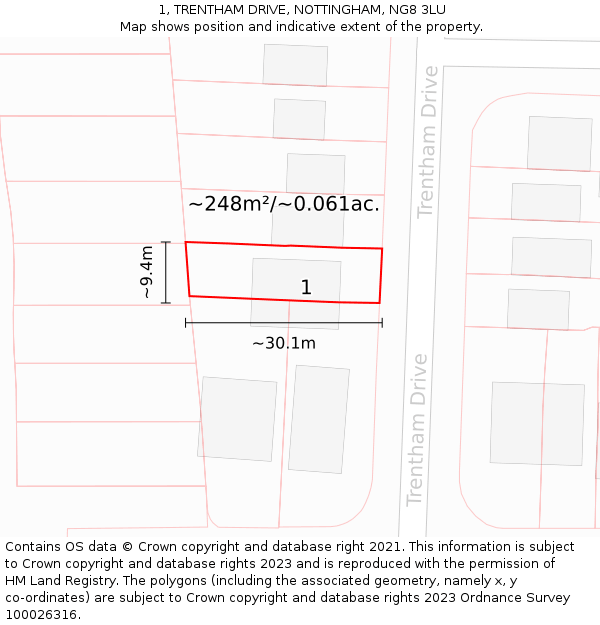 1, TRENTHAM DRIVE, NOTTINGHAM, NG8 3LU: Plot and title map