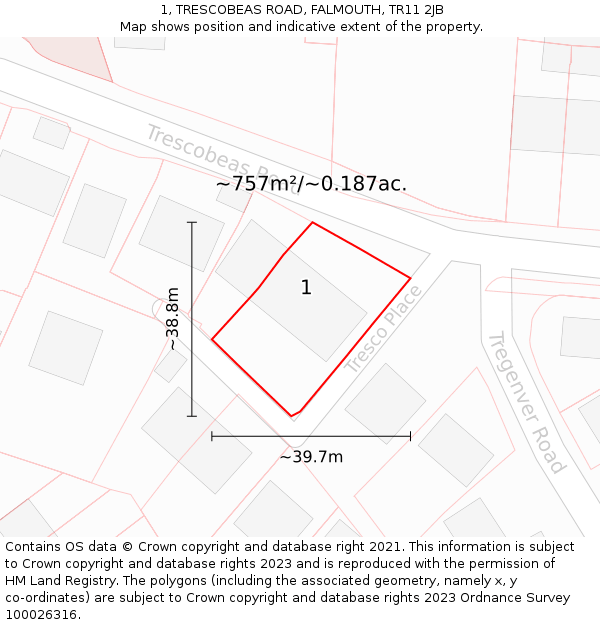 1, TRESCOBEAS ROAD, FALMOUTH, TR11 2JB: Plot and title map