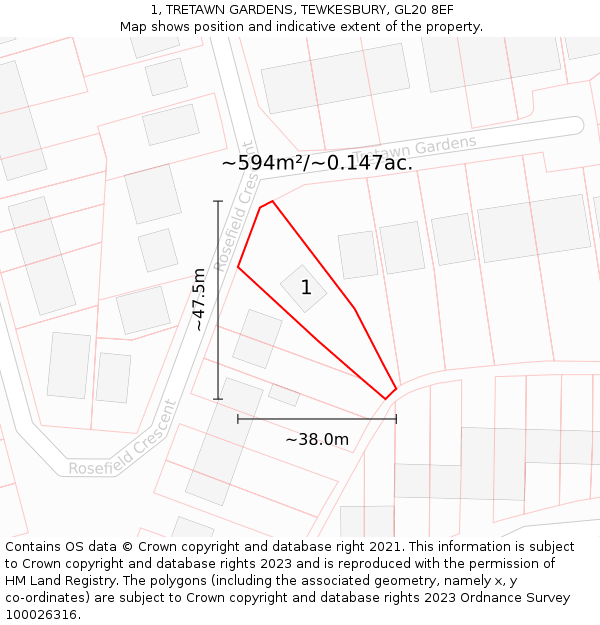 1, TRETAWN GARDENS, TEWKESBURY, GL20 8EF: Plot and title map