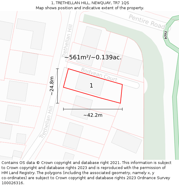 1, TRETHELLAN HILL, NEWQUAY, TR7 1QS: Plot and title map