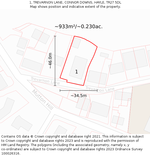 1, TREVARNON LANE, CONNOR DOWNS, HAYLE, TR27 5DL: Plot and title map